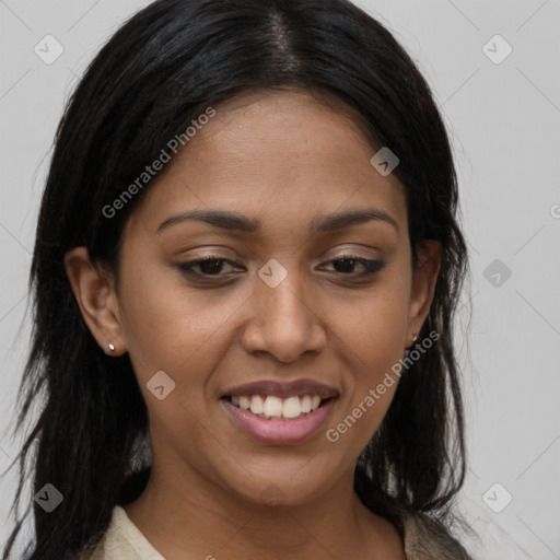 Joyful latino young-adult female with long  brown hair and brown eyes