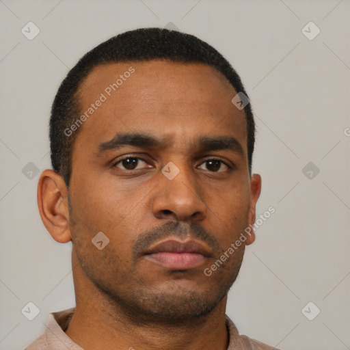 Neutral latino young-adult male with short  brown hair and brown eyes