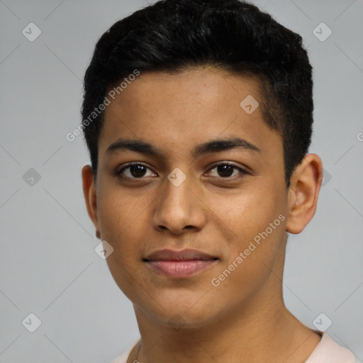 Joyful latino young-adult male with short  black hair and brown eyes