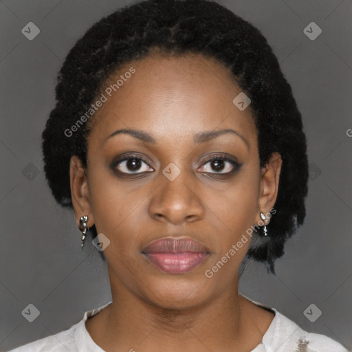 Neutral black young-adult female with short  black hair and brown eyes