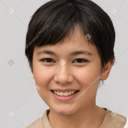 Joyful asian young-adult female with short  brown hair and brown eyes