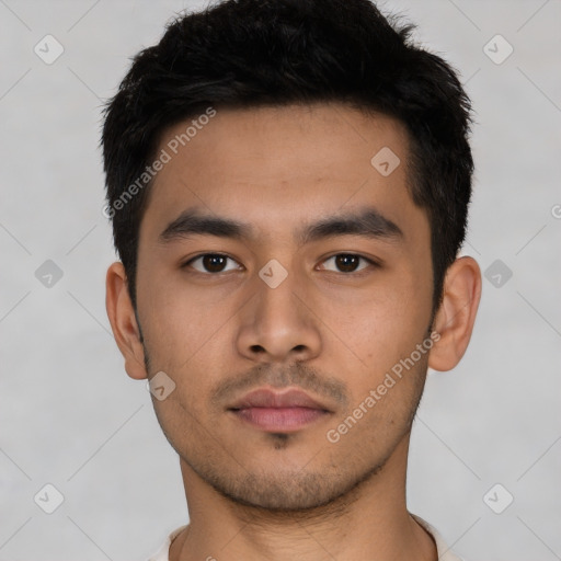 Neutral asian young-adult male with short  black hair and brown eyes