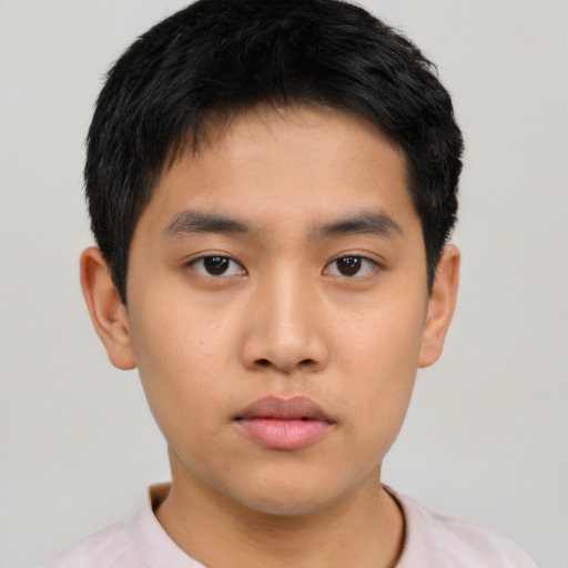 Neutral asian young-adult male with short  black hair and brown eyes