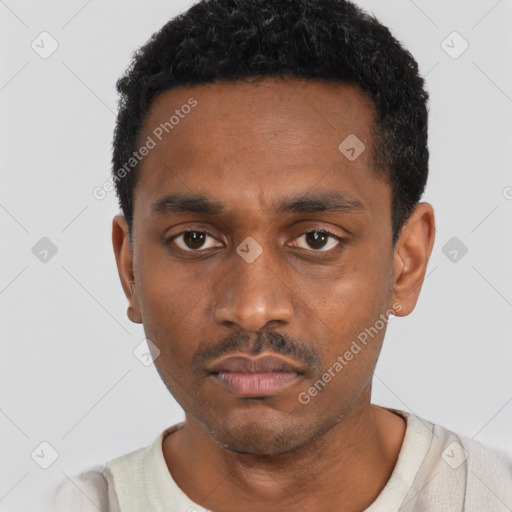 Neutral black young-adult male with short  black hair and brown eyes