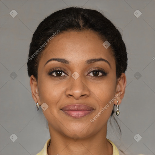 Joyful latino young-adult female with short  brown hair and brown eyes