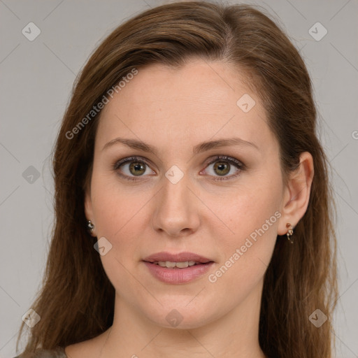 Joyful white young-adult female with long  brown hair and grey eyes