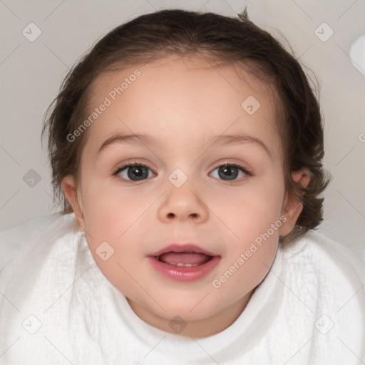 Joyful white child female with medium  brown hair and blue eyes