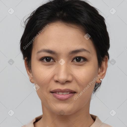 Joyful white young-adult female with short  brown hair and brown eyes