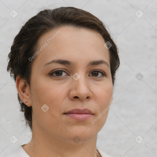 Neutral white young-adult female with short  brown hair and brown eyes