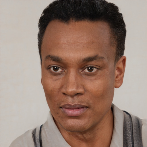 Neutral black adult male with short  black hair and brown eyes
