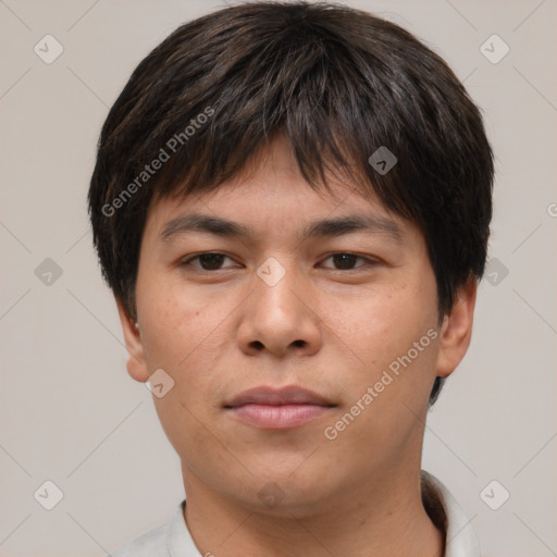 Neutral asian young-adult male with short  brown hair and brown eyes