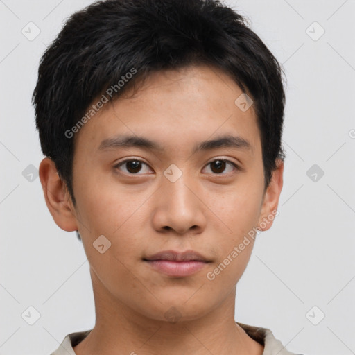 Neutral asian young-adult male with short  brown hair and brown eyes
