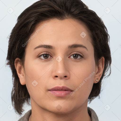 Neutral white young-adult female with medium  brown hair and brown eyes