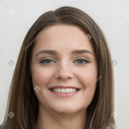 Joyful white young-adult female with long  brown hair and grey eyes