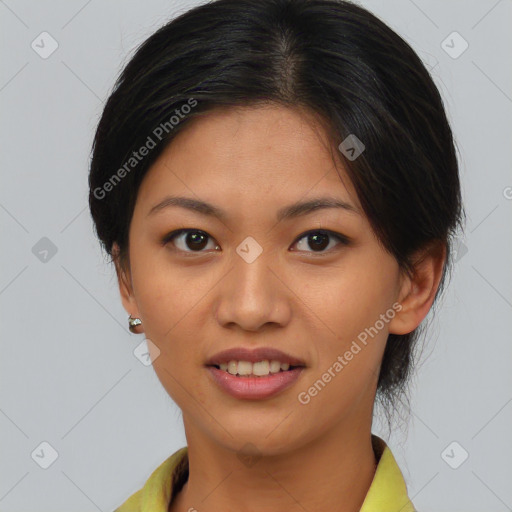 Joyful asian young-adult female with short  brown hair and brown eyes