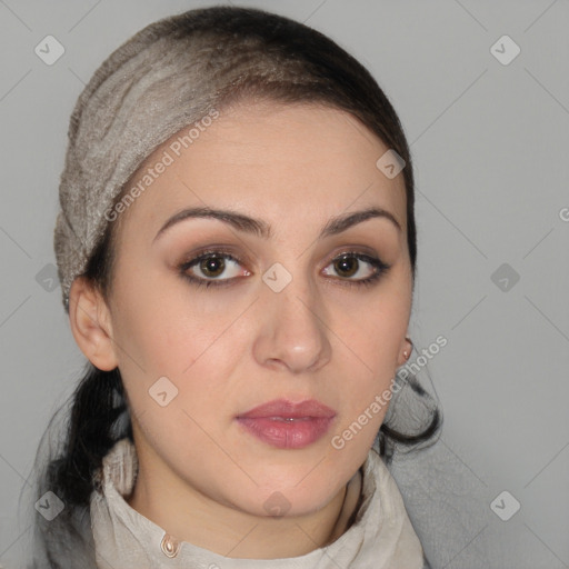 Neutral white young-adult female with medium  brown hair and brown eyes