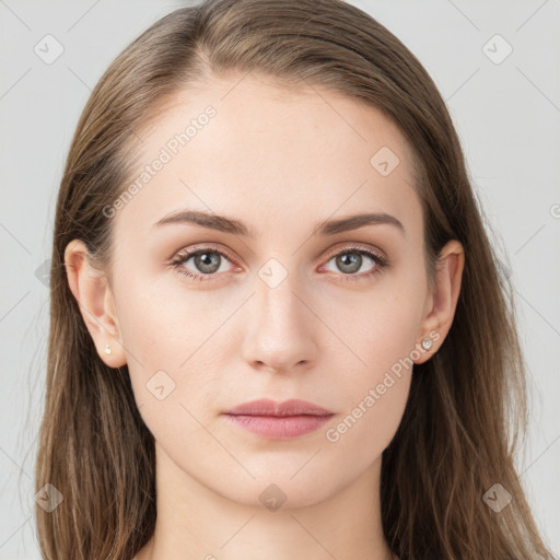 Neutral white young-adult female with long  brown hair and grey eyes