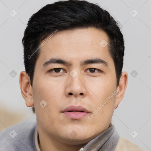 Neutral asian young-adult male with short  brown hair and brown eyes