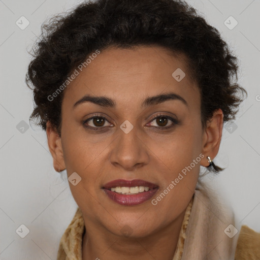 Joyful latino young-adult female with short  brown hair and brown eyes