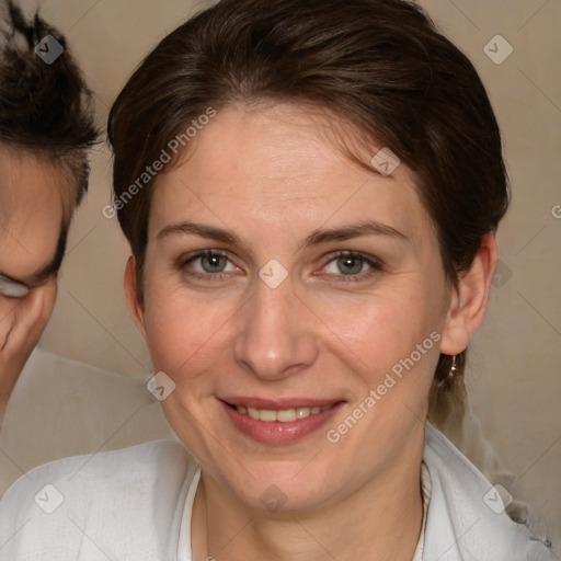 Joyful white adult female with short  brown hair and brown eyes