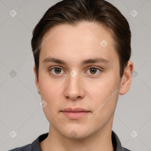 Neutral white young-adult male with short  brown hair and brown eyes