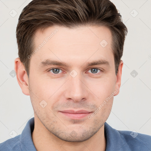 Neutral white young-adult male with short  brown hair and grey eyes