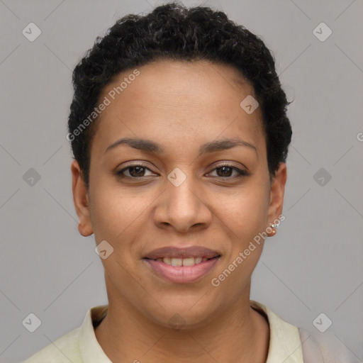 Joyful latino young-adult female with short  black hair and brown eyes