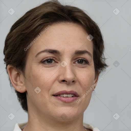 Joyful white adult female with short  brown hair and brown eyes