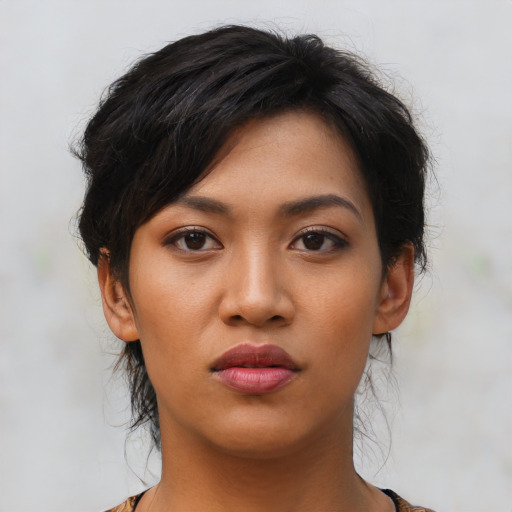 Neutral asian young-adult female with medium  black hair and brown eyes