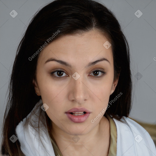 Neutral white young-adult female with medium  brown hair and brown eyes