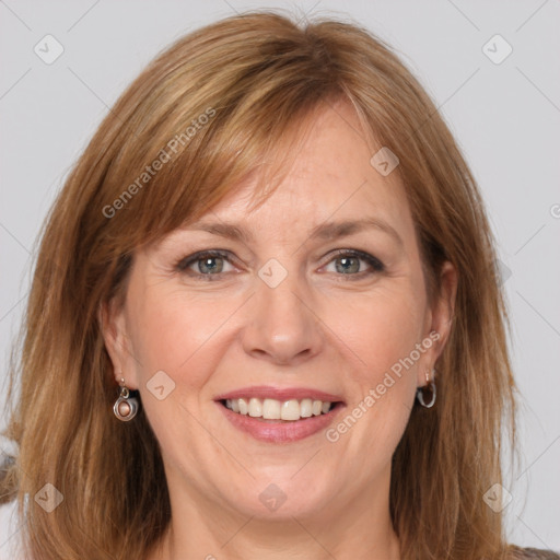 Joyful white adult female with medium  brown hair and grey eyes