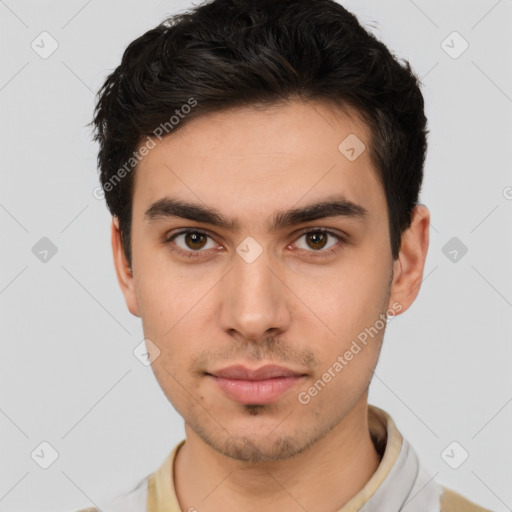 Neutral white young-adult male with short  brown hair and brown eyes