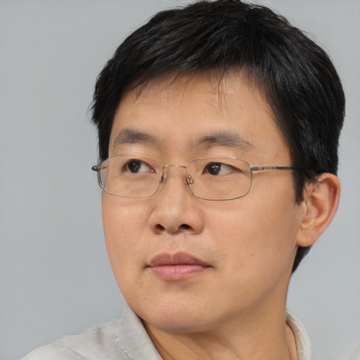 Neutral asian adult male with short  brown hair and brown eyes