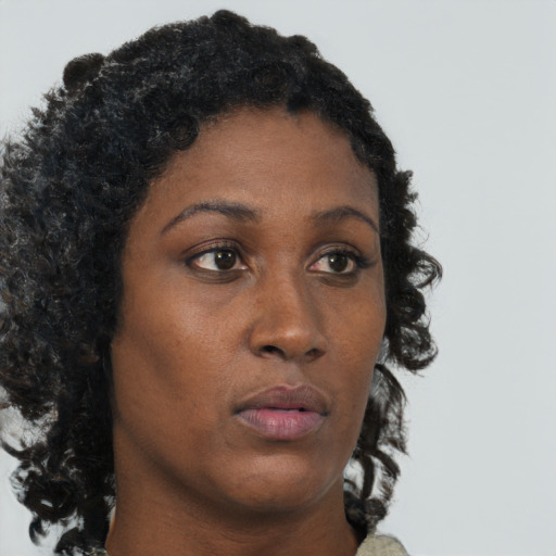 Neutral black young-adult female with long  brown hair and brown eyes