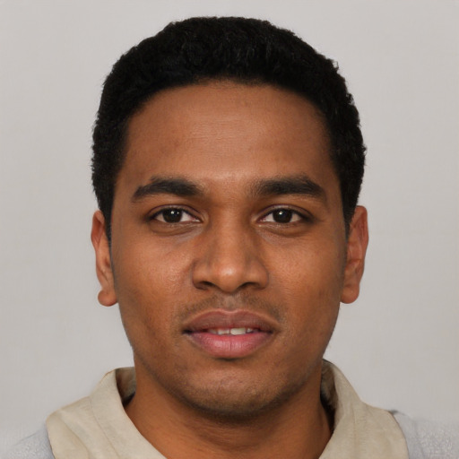 Neutral black young-adult male with short  black hair and brown eyes