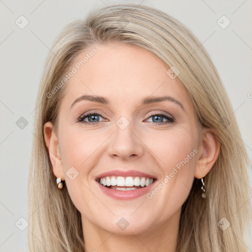 Joyful white young-adult female with long  brown hair and grey eyes