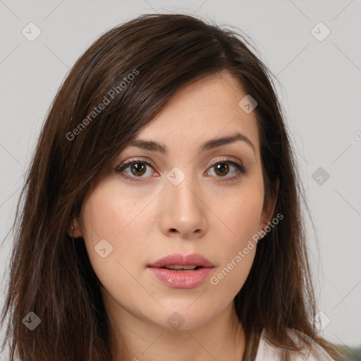 Neutral white young-adult female with long  brown hair and brown eyes