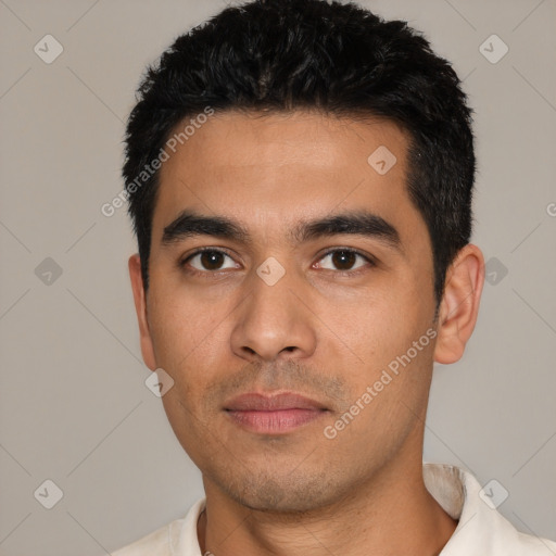 Neutral latino young-adult male with short  black hair and brown eyes