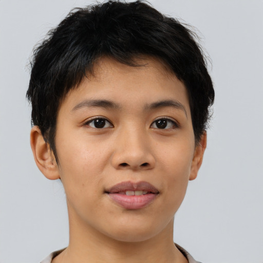 Joyful asian young-adult female with short  brown hair and brown eyes