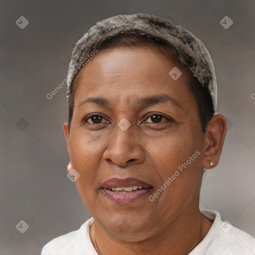 Joyful black adult female with short  brown hair and brown eyes