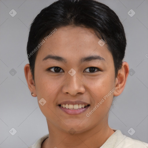 Joyful asian young-adult female with short  brown hair and brown eyes