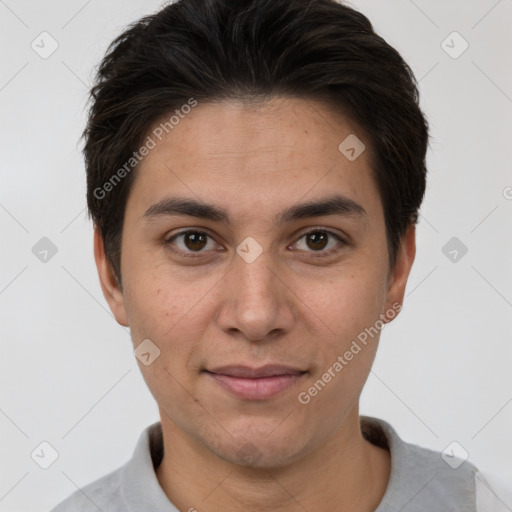 Joyful white young-adult male with short  brown hair and brown eyes