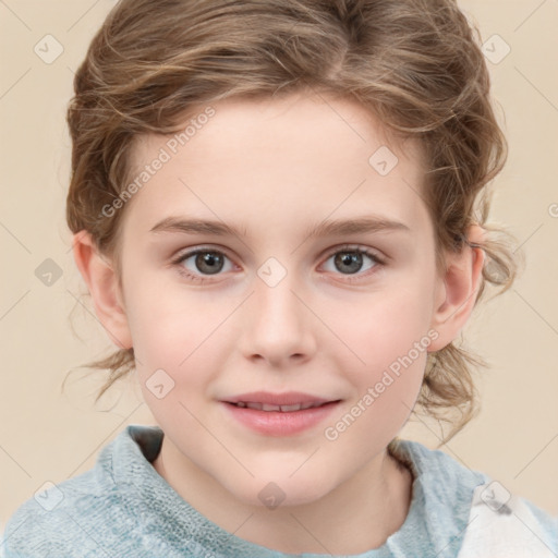 Joyful white child female with medium  brown hair and grey eyes