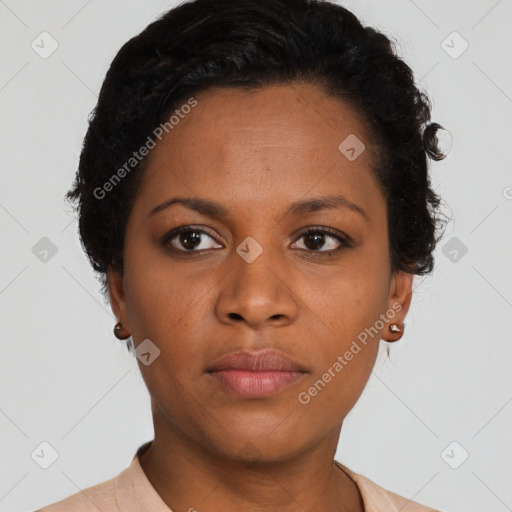 Neutral latino young-adult female with short  brown hair and brown eyes