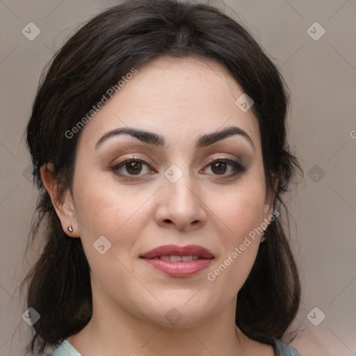 Joyful white young-adult female with medium  brown hair and brown eyes