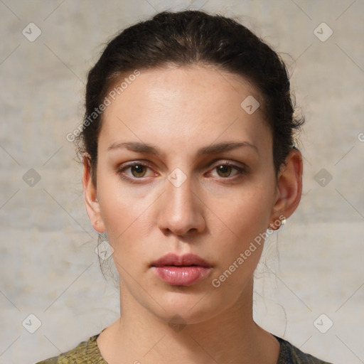 Neutral white young-adult female with short  brown hair and brown eyes