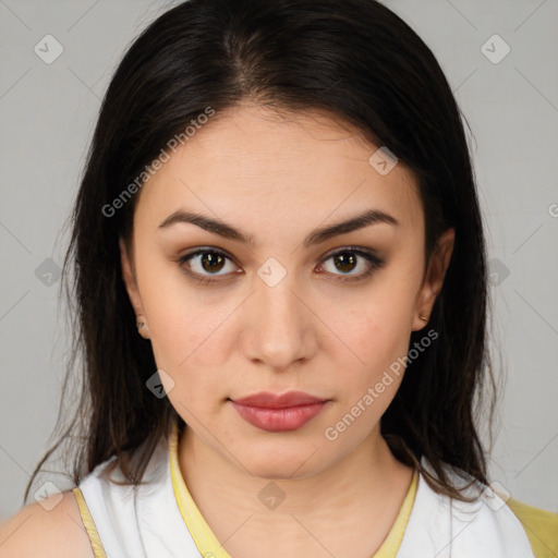 Neutral white young-adult female with medium  brown hair and brown eyes