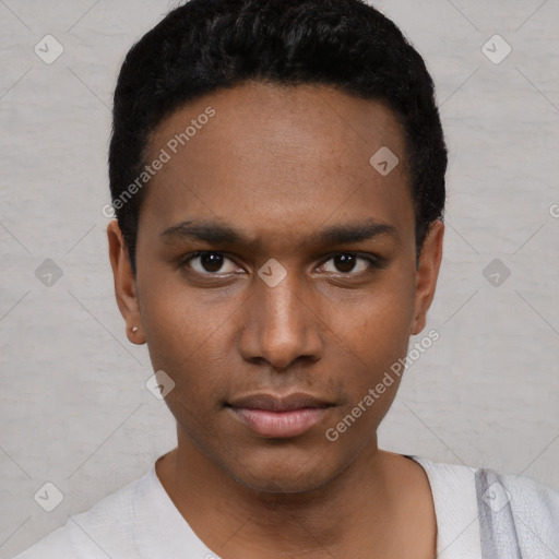 Neutral black young-adult male with short  black hair and brown eyes