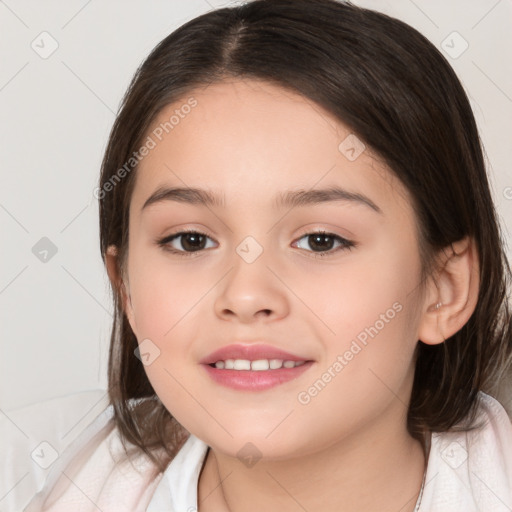 Joyful white child female with medium  brown hair and brown eyes