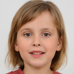 Joyful white child female with medium  brown hair and brown eyes